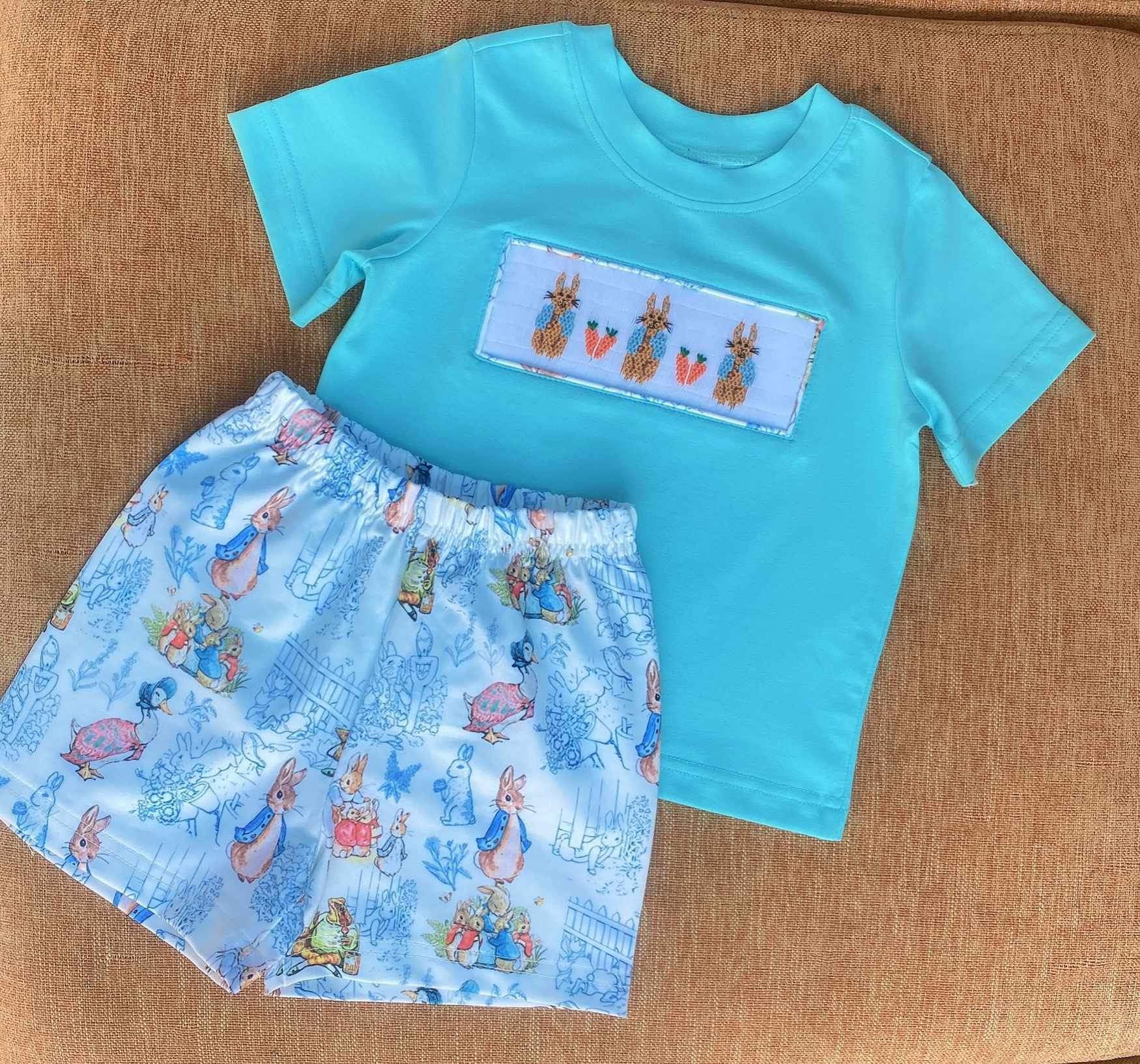 Peter Rabbit Hand Embroidered Smocked Pima Cotton Footie Blue main image 1