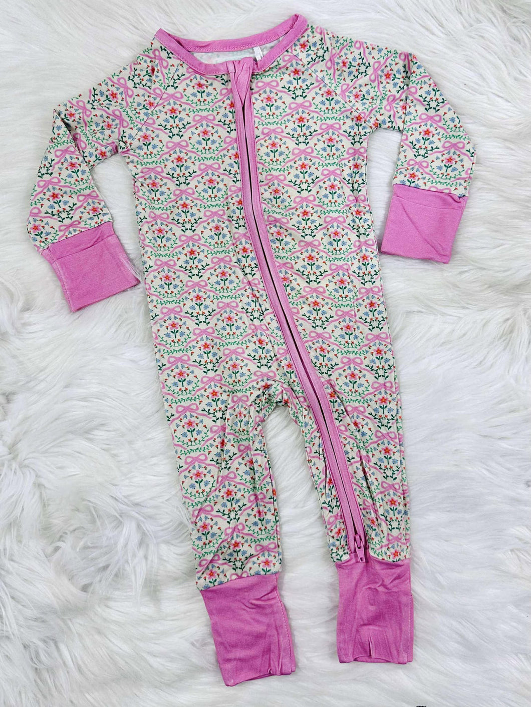 Pink Floral Bamboo Bow Zipper