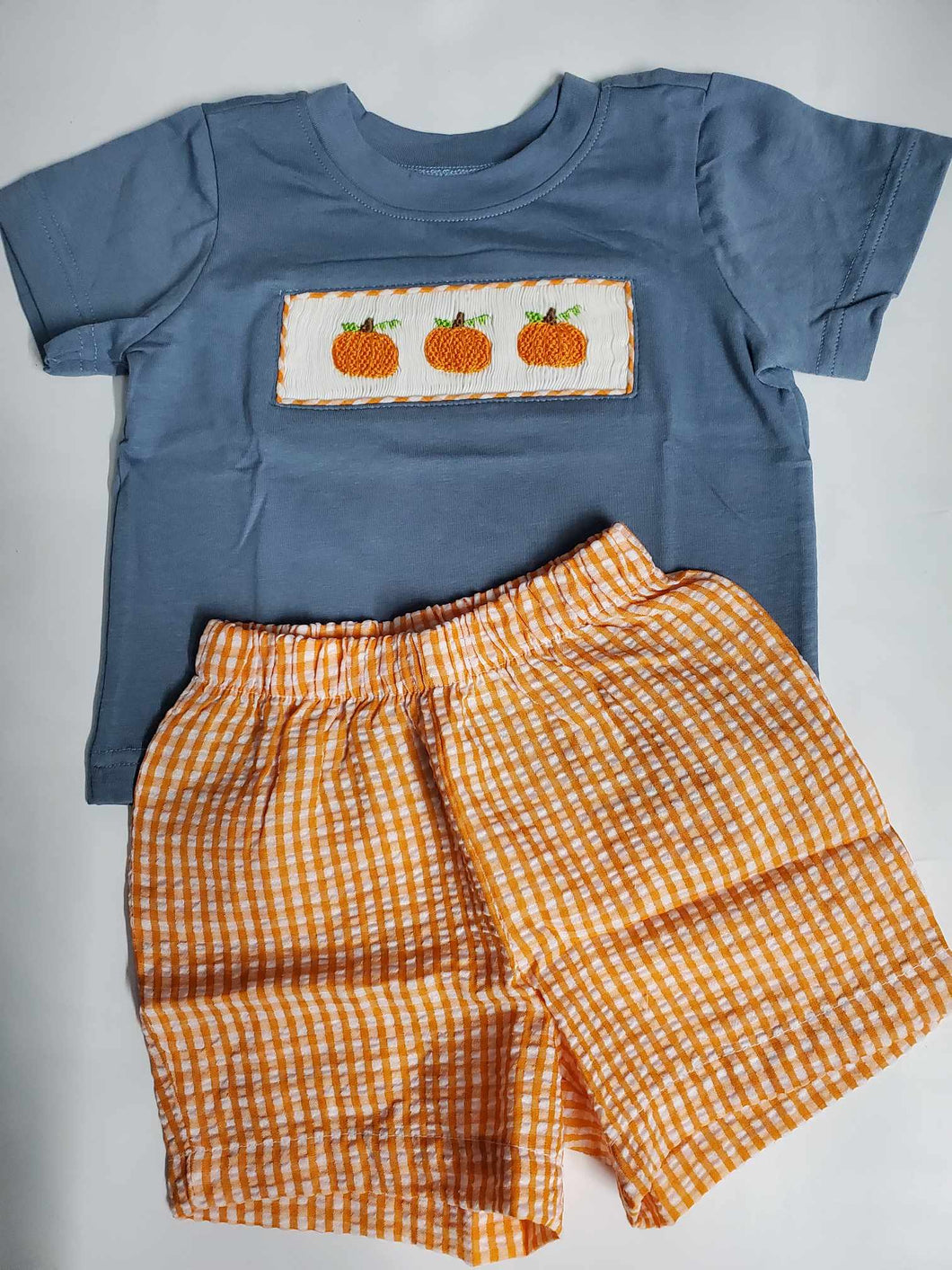 Pumpkin Seersucker Smocked Boy Set