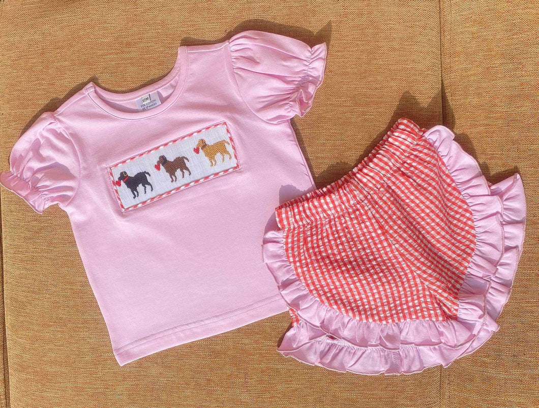 Smocked Puppy Valentines Girl Set