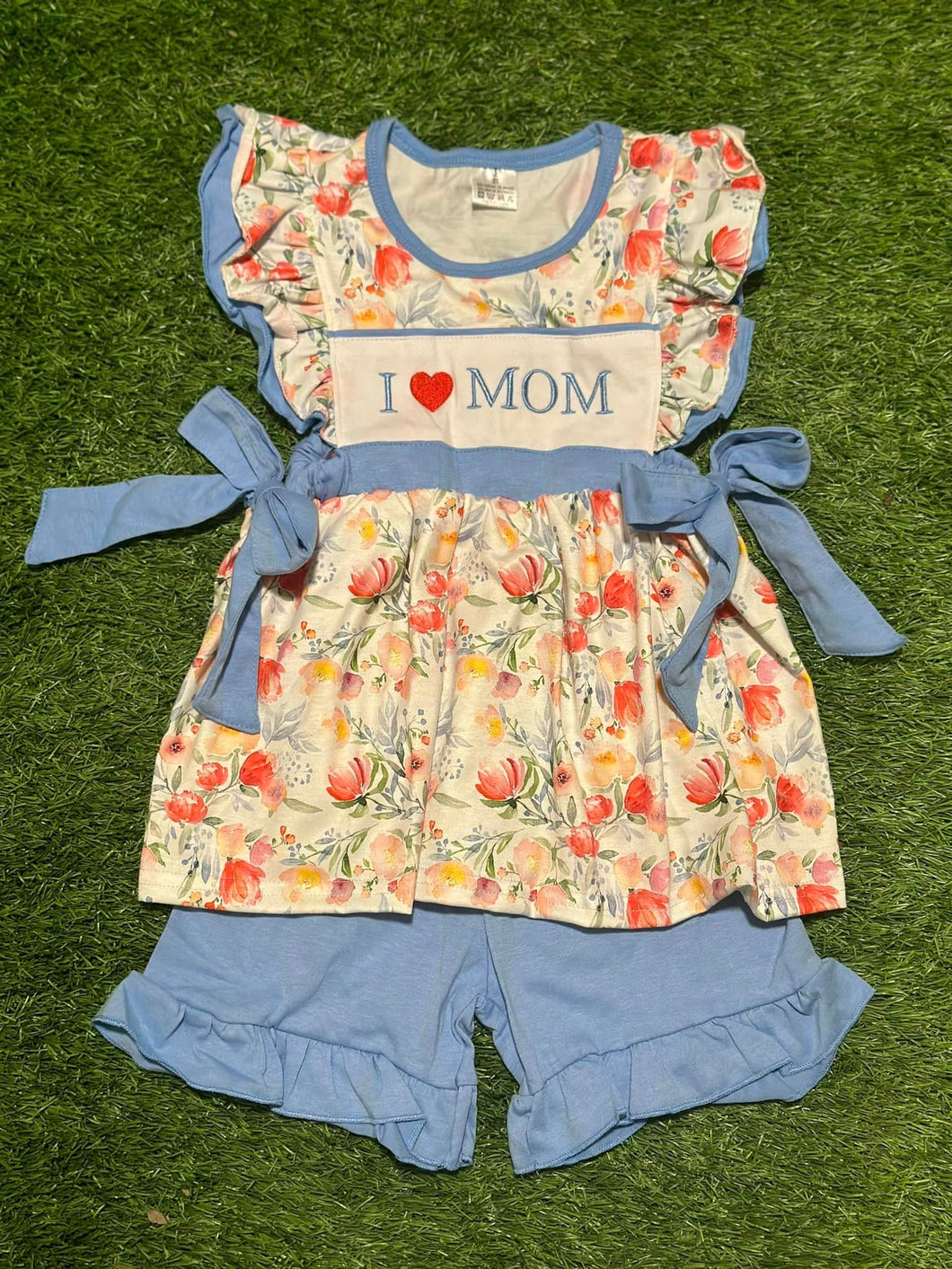 I love Mom Blue Knit Short Set